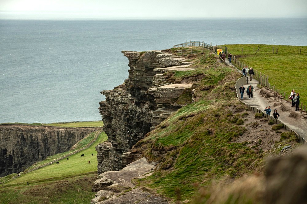 Cliffside walkway along a rugged coastline with people strolling on a narrow path beside a grassy field and the sea on the left.